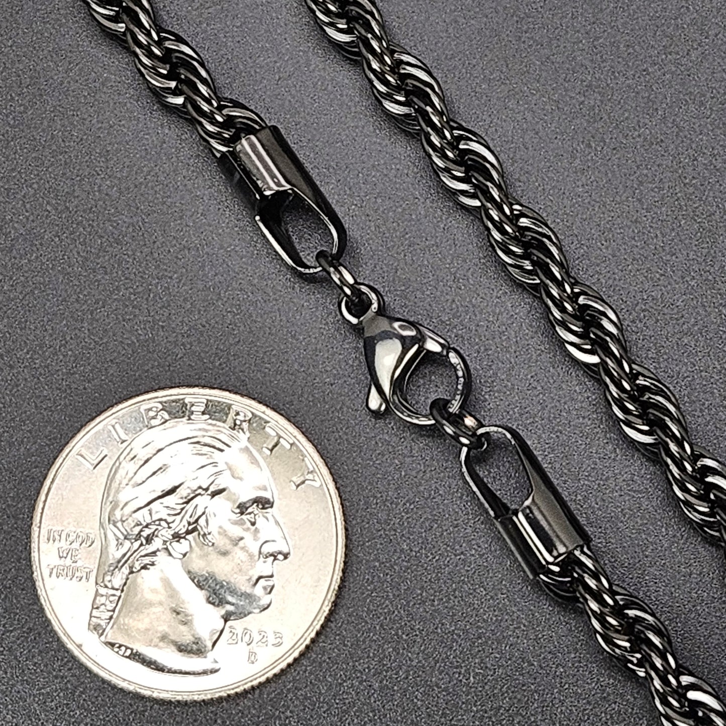 5mm Black Plated over Solid Stainless Steel Rope Chain 24"
