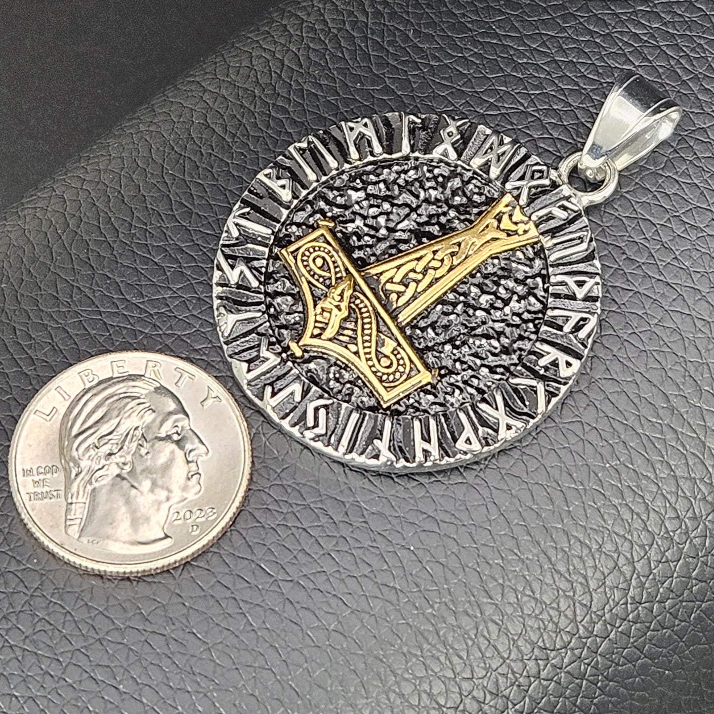 Runes with Hammer Medallion Two Sided Stainless Steel Necklace