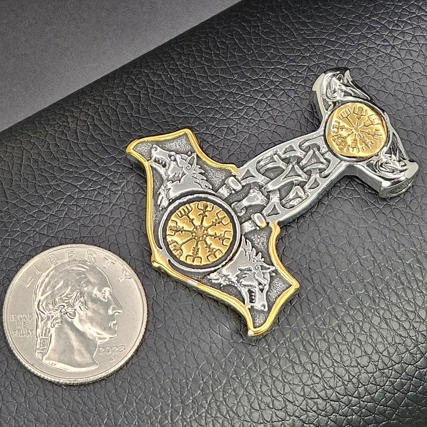 Viking Hammer With Odin's Wolves Stainless Steel Necklace