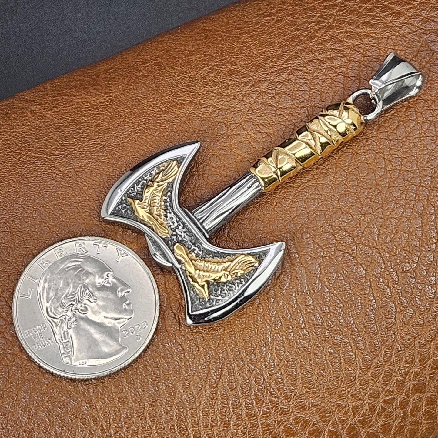 Bird Inscribed Two Toned Double Headed Axe Stainless Steel Necklace