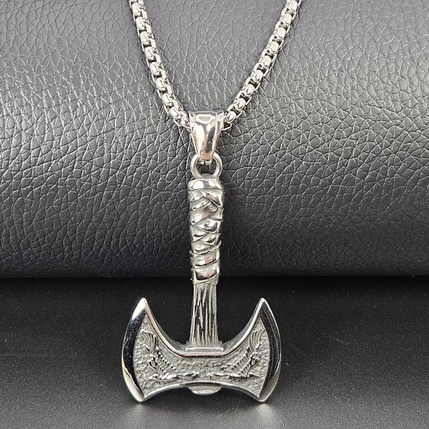 Bird Inscribed Double Headed Axe Stainless Steel Necklace