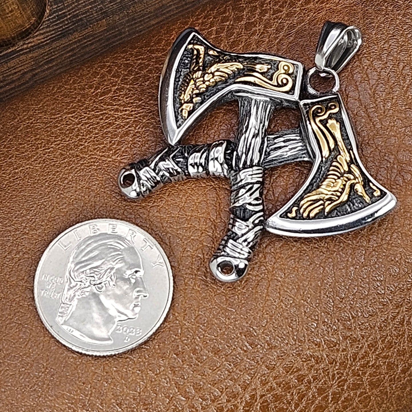 Howling Wolf and Bird Inscribed Two Toned Stainless Steel Double Axe Necklace