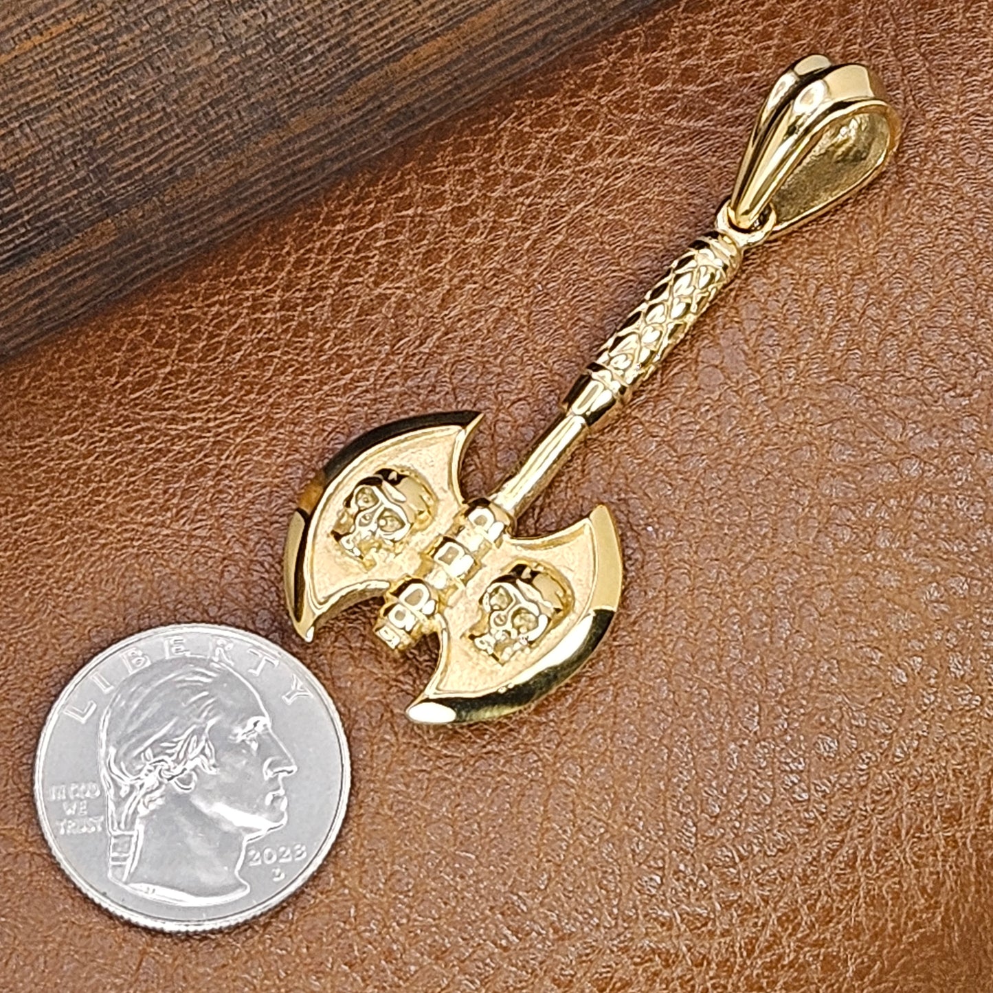 Gold Plated Skull Inscribed Double Headed Axe Stainless Steel Necklace