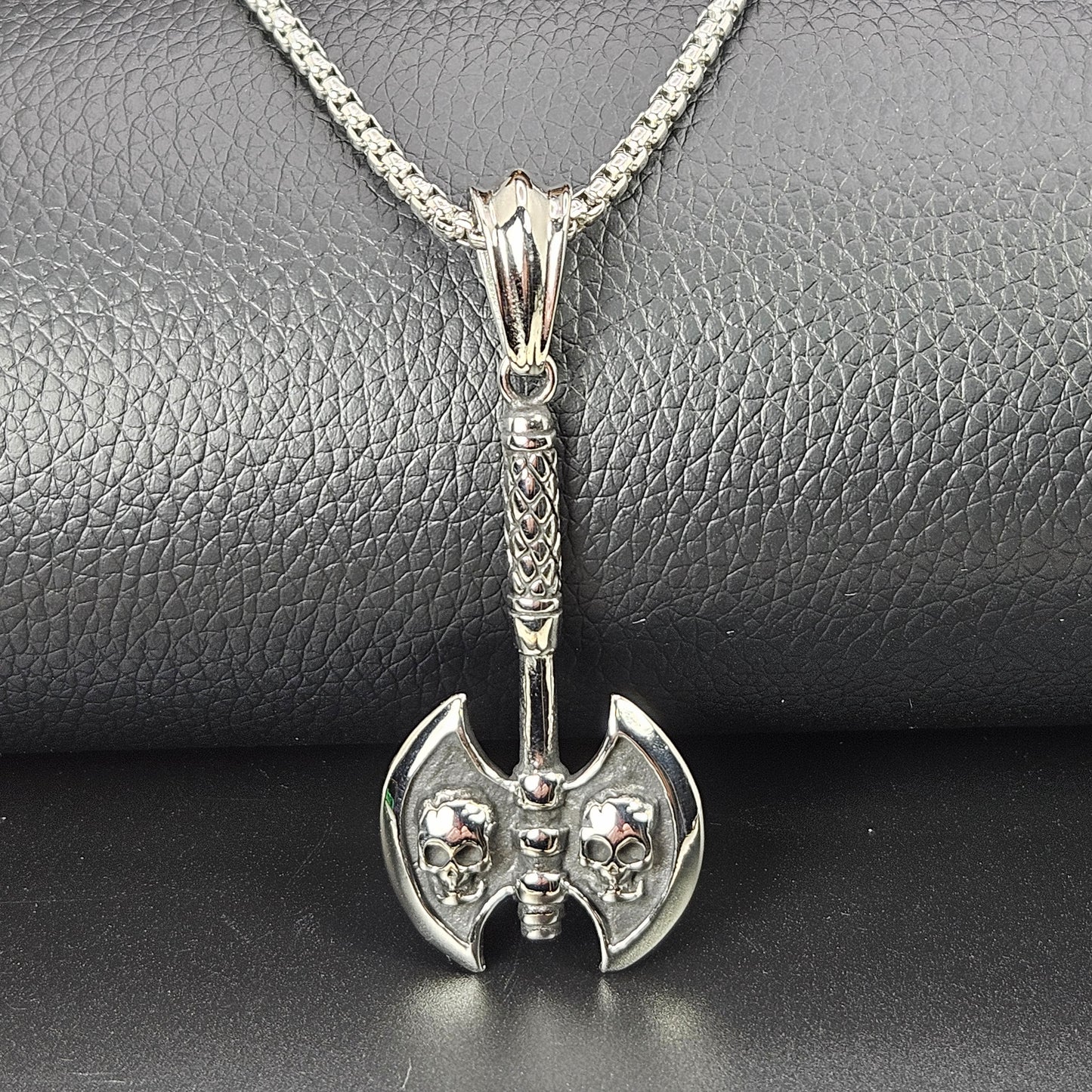 Skull Inscribed Double Headed Axe Stainless Steel Necklace