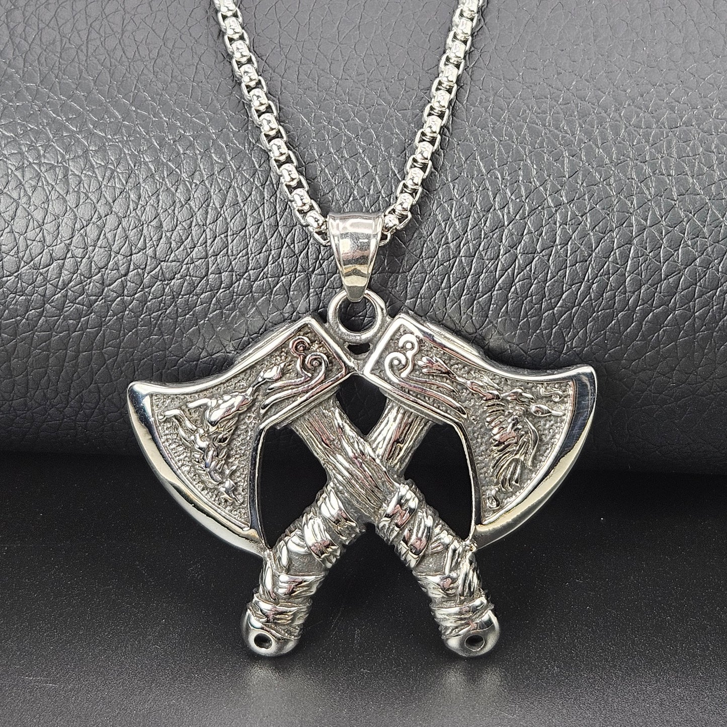 Howling Wolf and Bird Inscribed Stainless Steel Double Axe Necklace