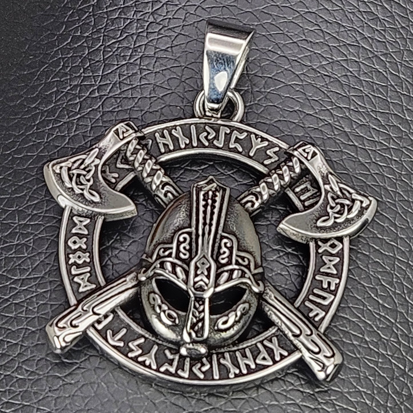Viking Warrior Helmet with Two Axes and Runes Stainless Steel Necklace