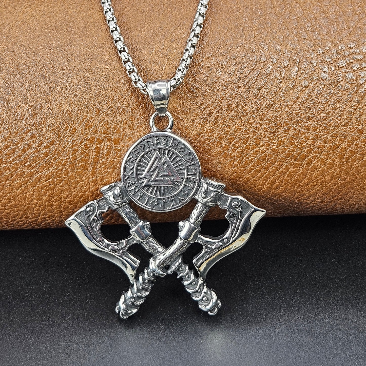 Norse Valknut and Runes Inscribed Pendant with Double Axe Stainless Steel Necklace