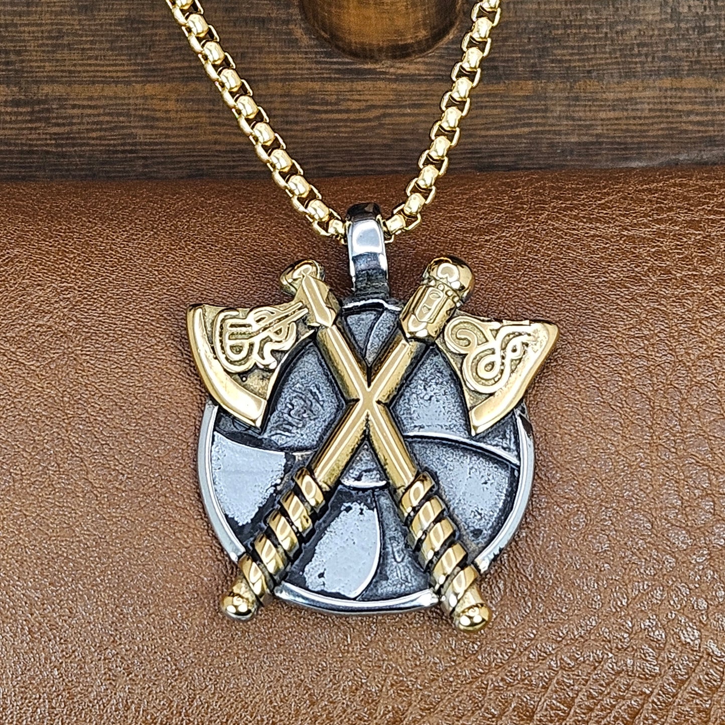Two Gold Plated Axes with a Sheild Stainless Steel Necklace