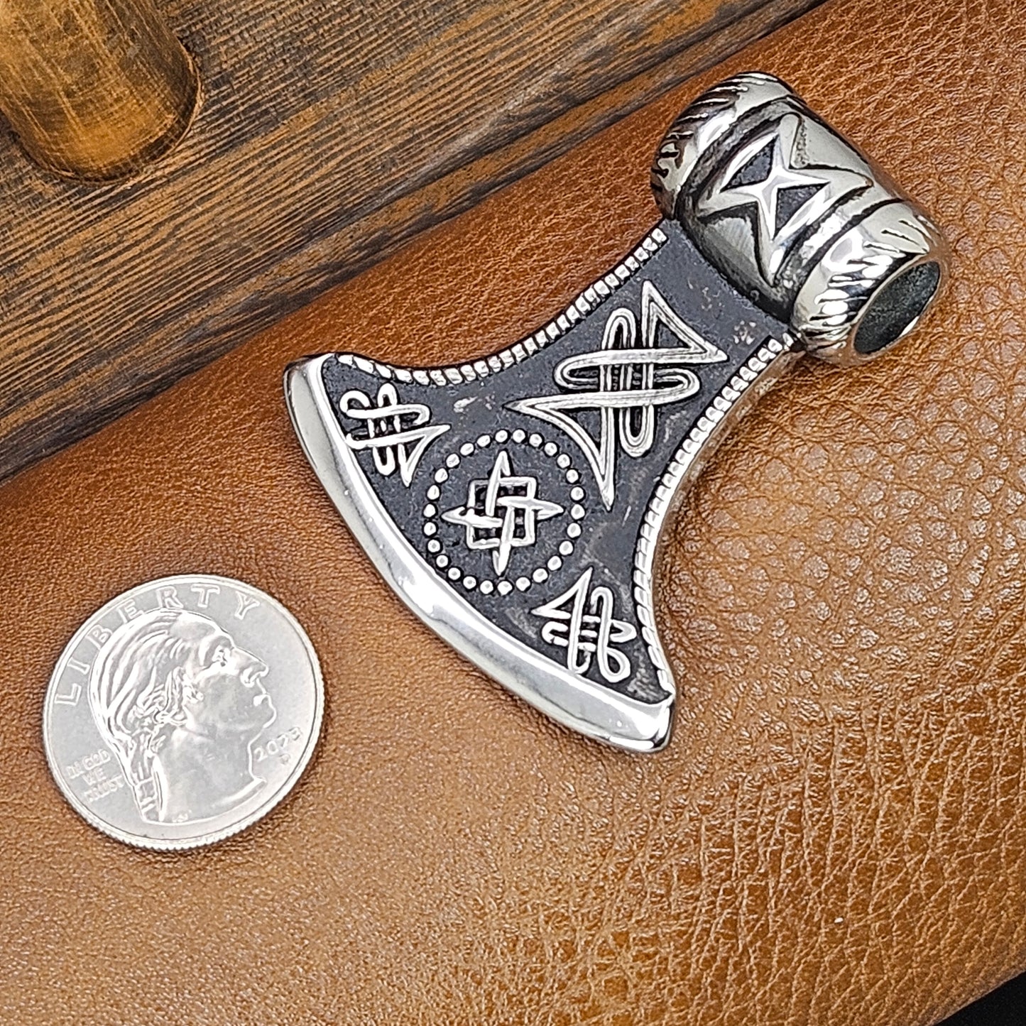 Stainless Steel Axe Head with Norse Filigree Necklace