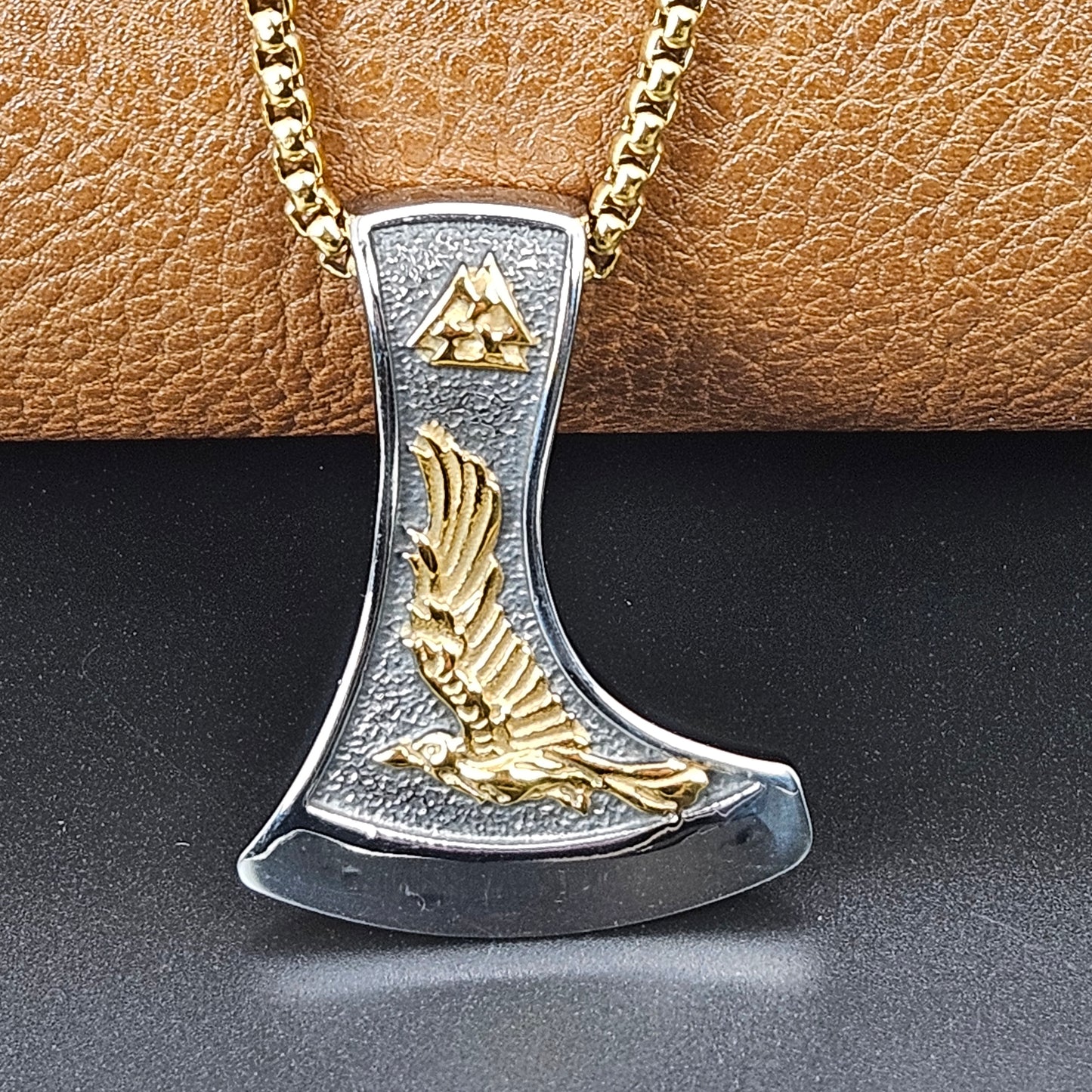 Howling Wolf and Raven with a Valknut Inscribed Stainless Steel Axe Necklace