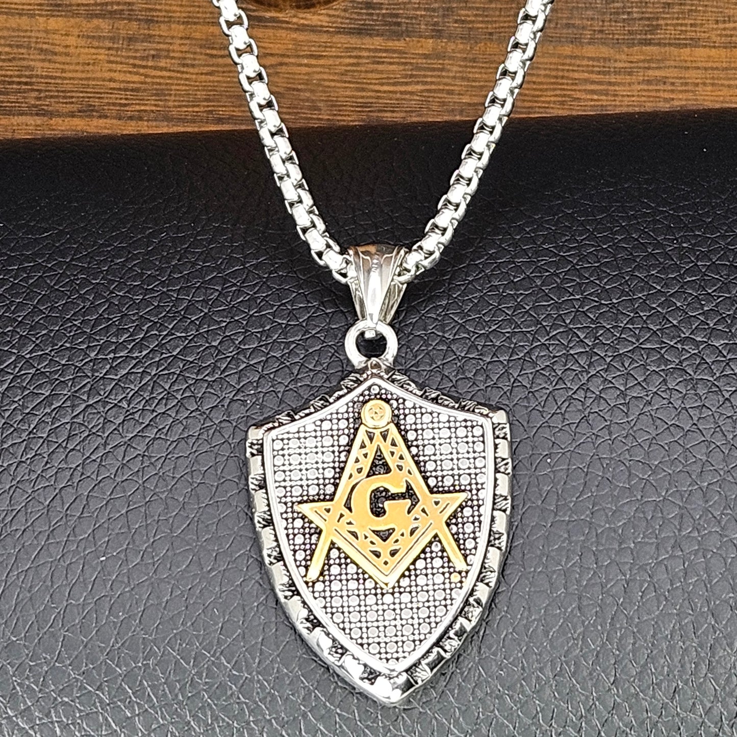 Freemason Square and Compass on a Sheild Stainless Steel Necklace