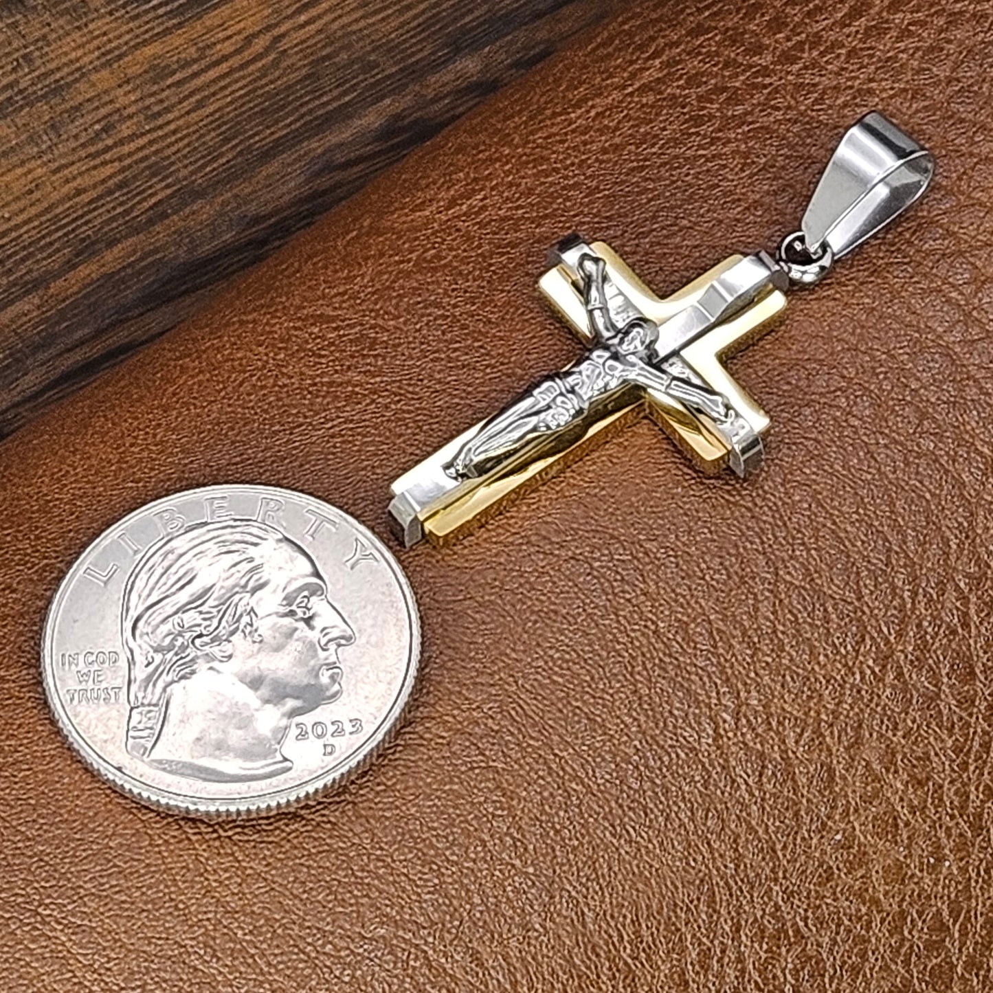 Gold Plated Two Toned Crucifix Stainless Steel Necklace