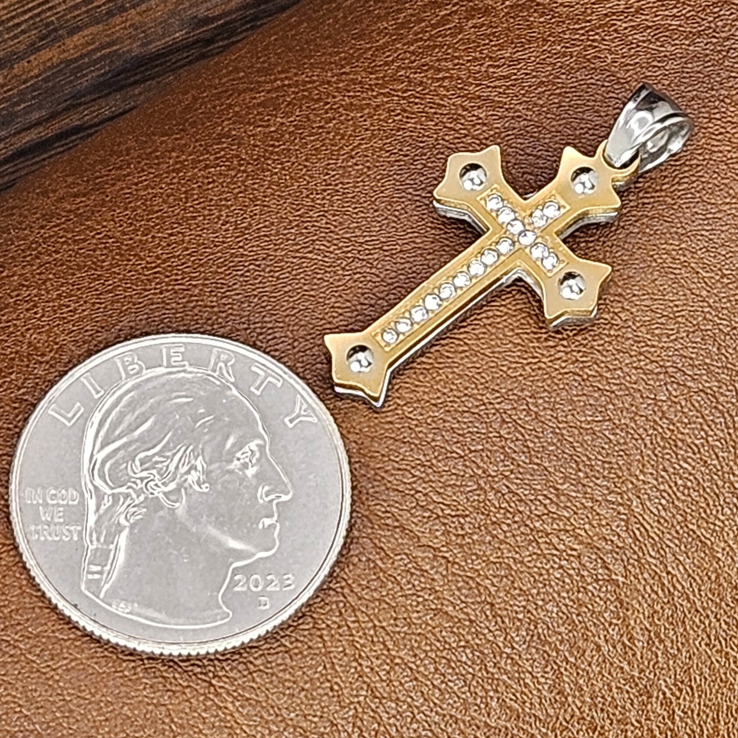 Gold Two Toned Cross with Stones Stainless Steel Necklace