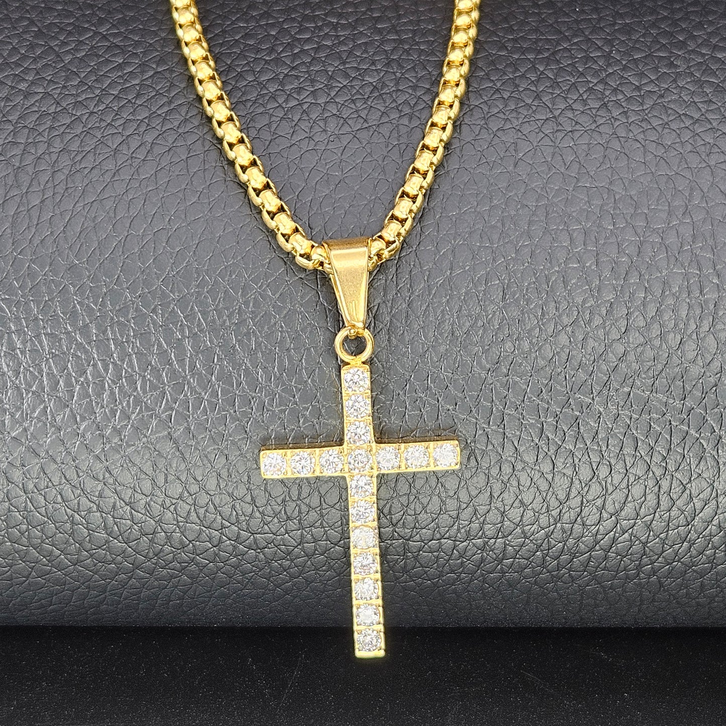Gold Plated Cross with Stones Stainless Steel Necklace