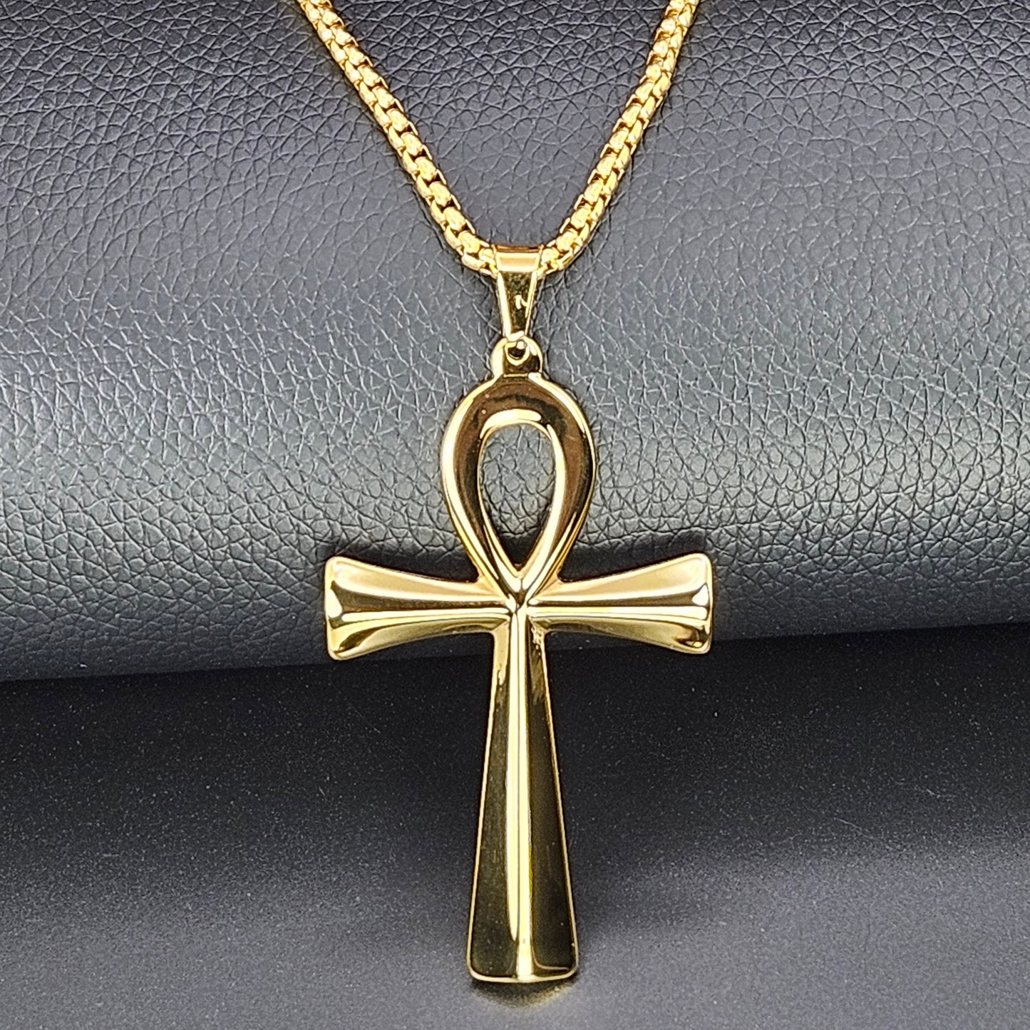 Large Gold Plated Ankh Stainless Steel Necklace