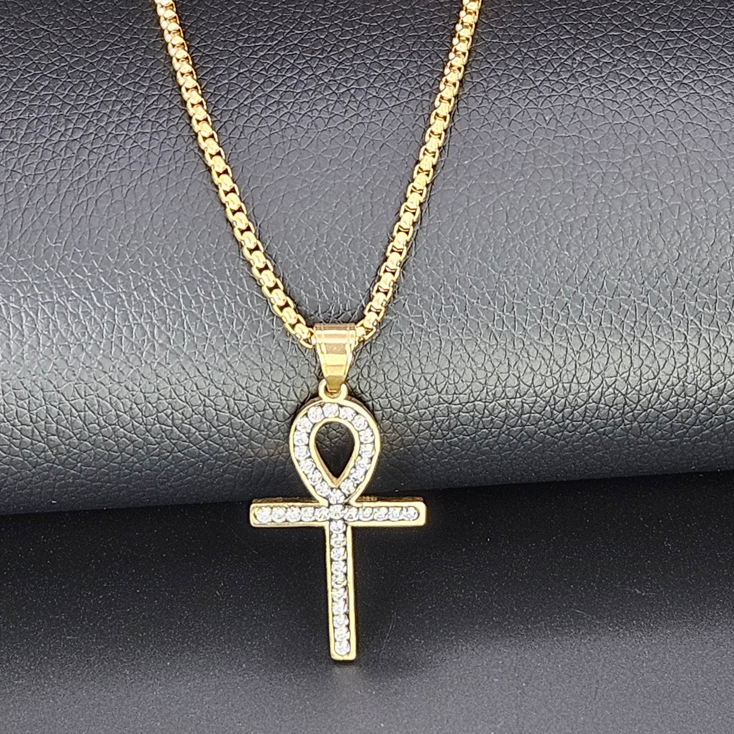 Gold Plated Ankh with Stones Stainless Steel Necklace