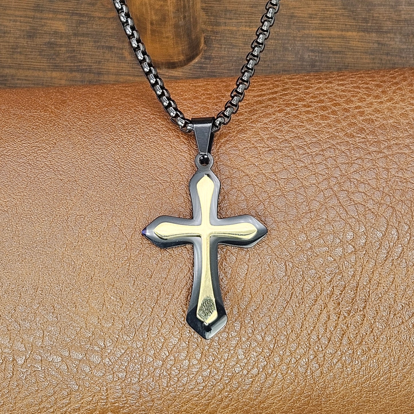Black and Gold Cross Stainless Steel Necklace