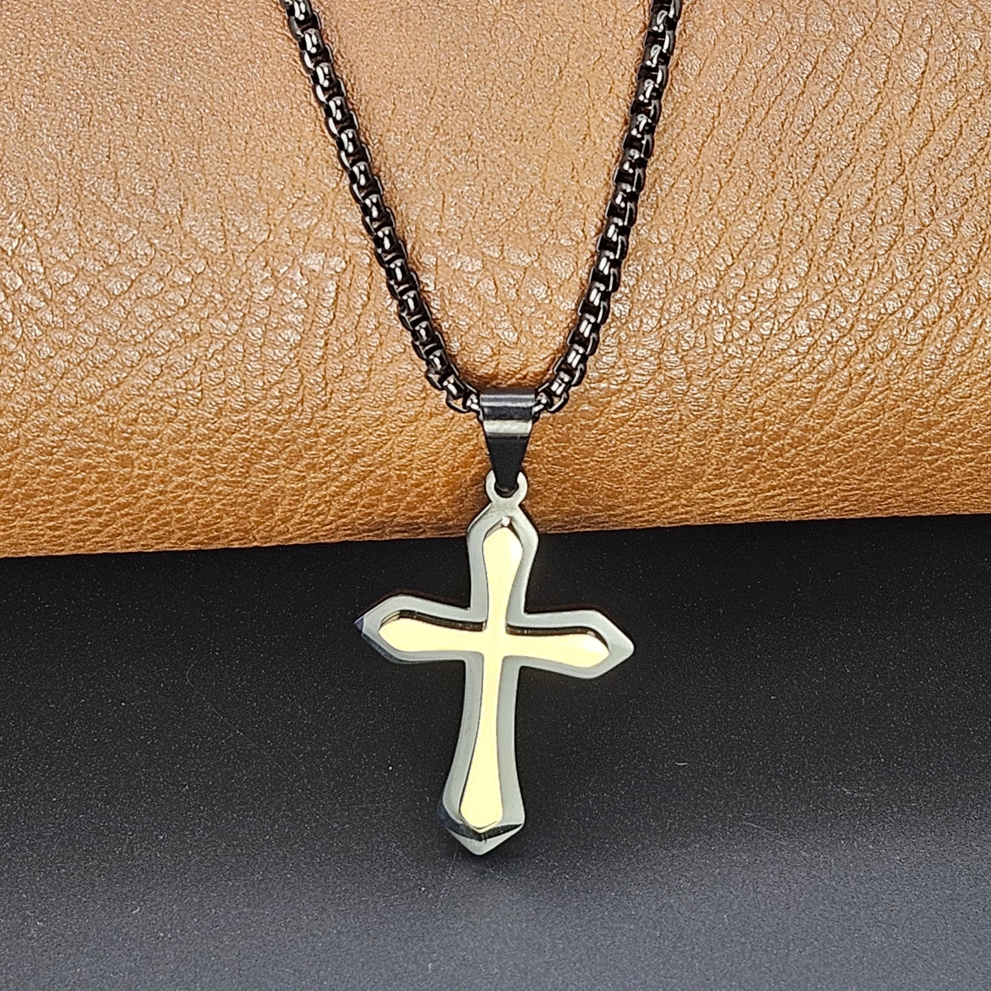 Black and Gold Cross Stainless Steel Necklace