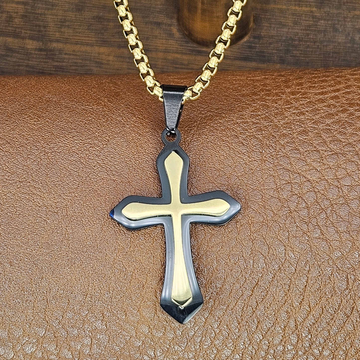 Black and Gold Cross Stainless Steel Necklace
