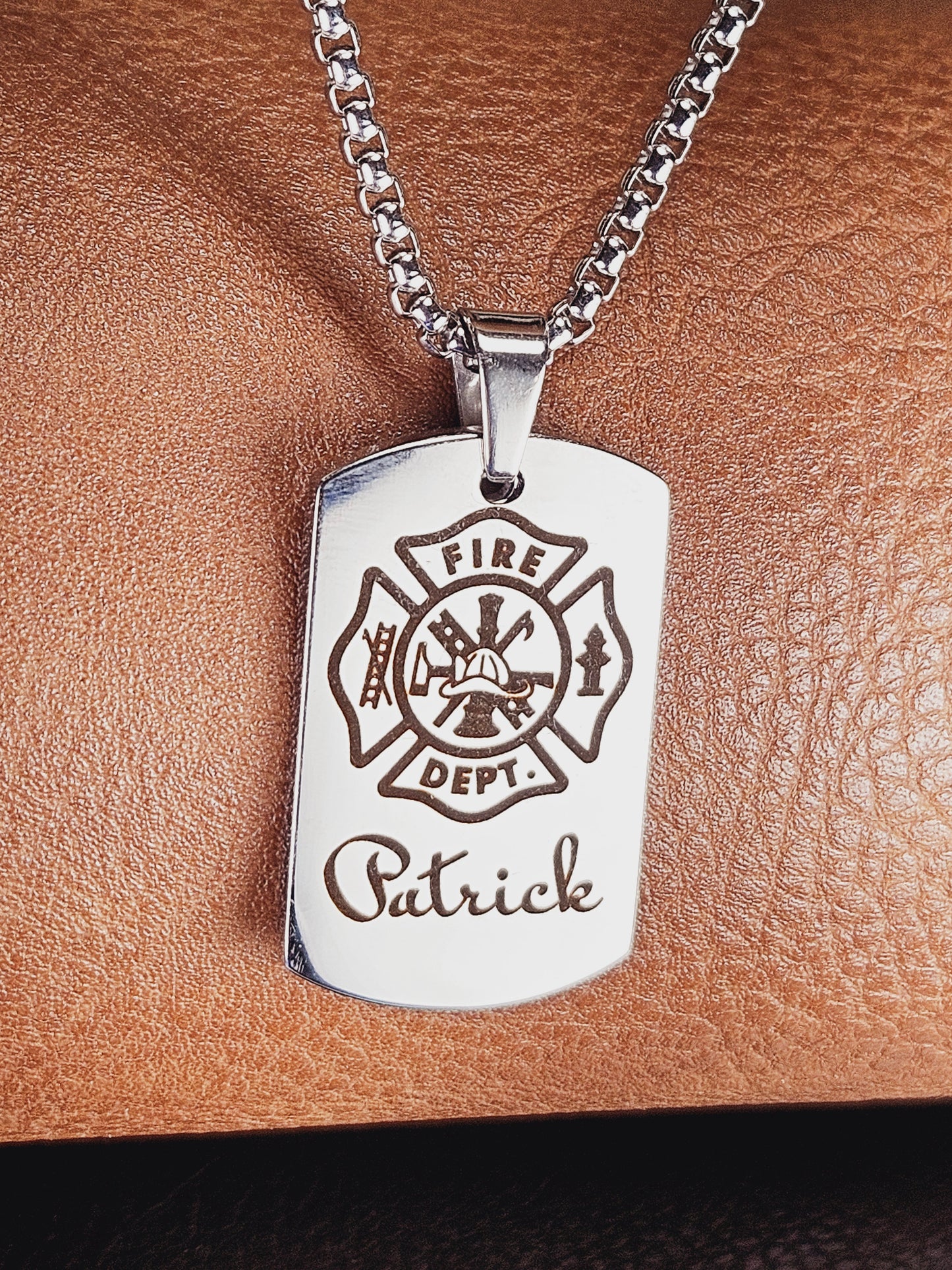 Fire Department Small Dog Tag Stainless Steel Pendant Necklace