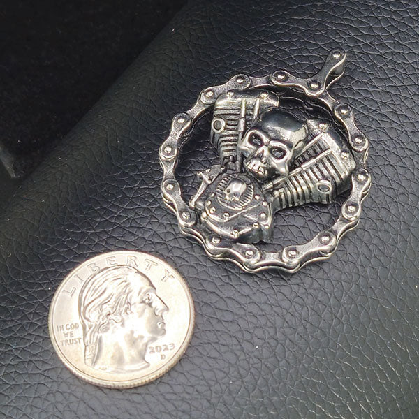 Motorcycle Engine with a Skull Stainless Steel Necklace