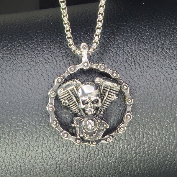 Motorcycle Engine with a Skull Stainless Steel Necklace