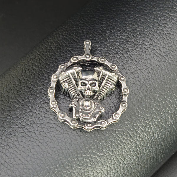 Motorcycle Engine with a Skull Stainless Steel Necklace