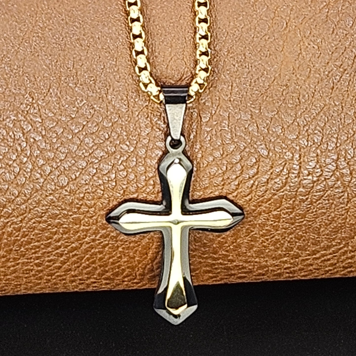Black and Gold Cross Stainless Steel Necklace